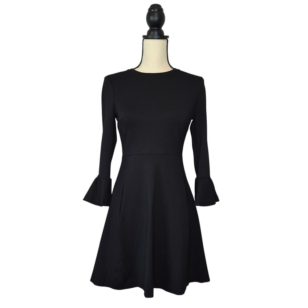 Kate Spade dress black ponte 3/4 bell sleeves round neck, flared A-line size XS